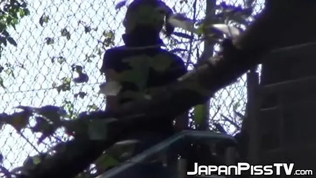 Delectable Japanese peeing outside on beautiful summer day