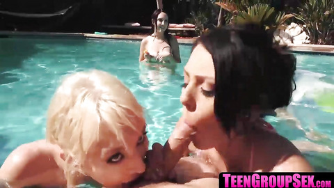 Sexy chicks share cock at pool party sucking and fucking