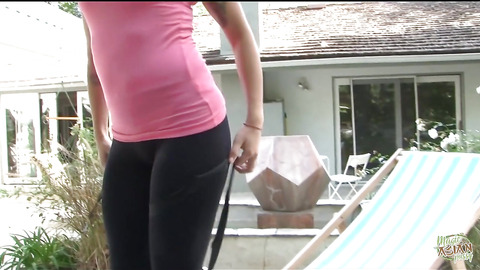 Before intense fucking, a sultry Asian female gives a black man a clumsy blowjob outside