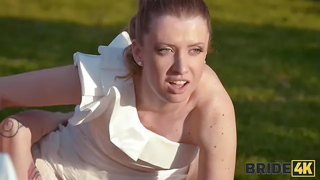 Newlywed bride with big natural breasts enjoys intense wild sex with groom in wolf costume