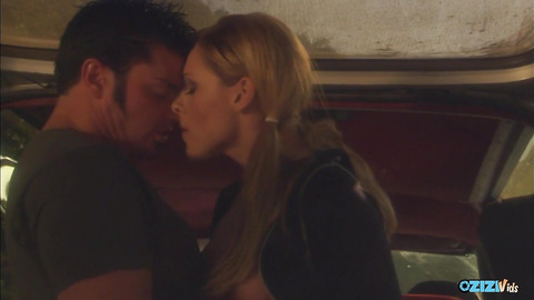 While in nature the blonde spreads her cheeks and takes his big cock in missionary